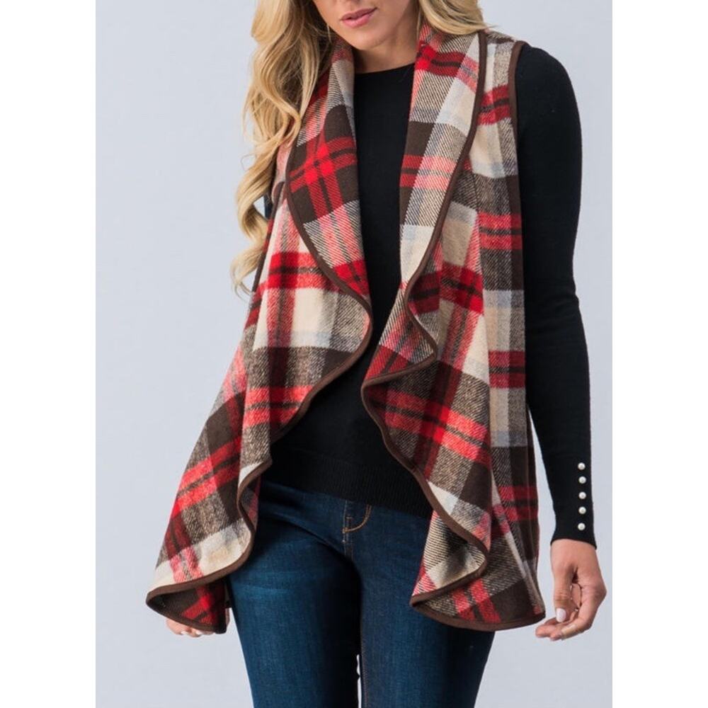 ETWO Plaid Waterfall Open Front Wool Polyester Vest New Size L